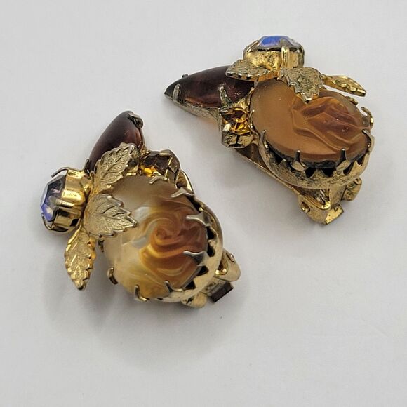 D&E Juliana Golden Rose Molded Glass AB Rhinestone Floral Design Clip Earrings - Picture 1 of 10